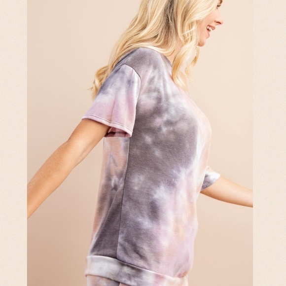 Grey/mauve Tie Dye Short Sleeve Tunic Top - Picture 3 of 14